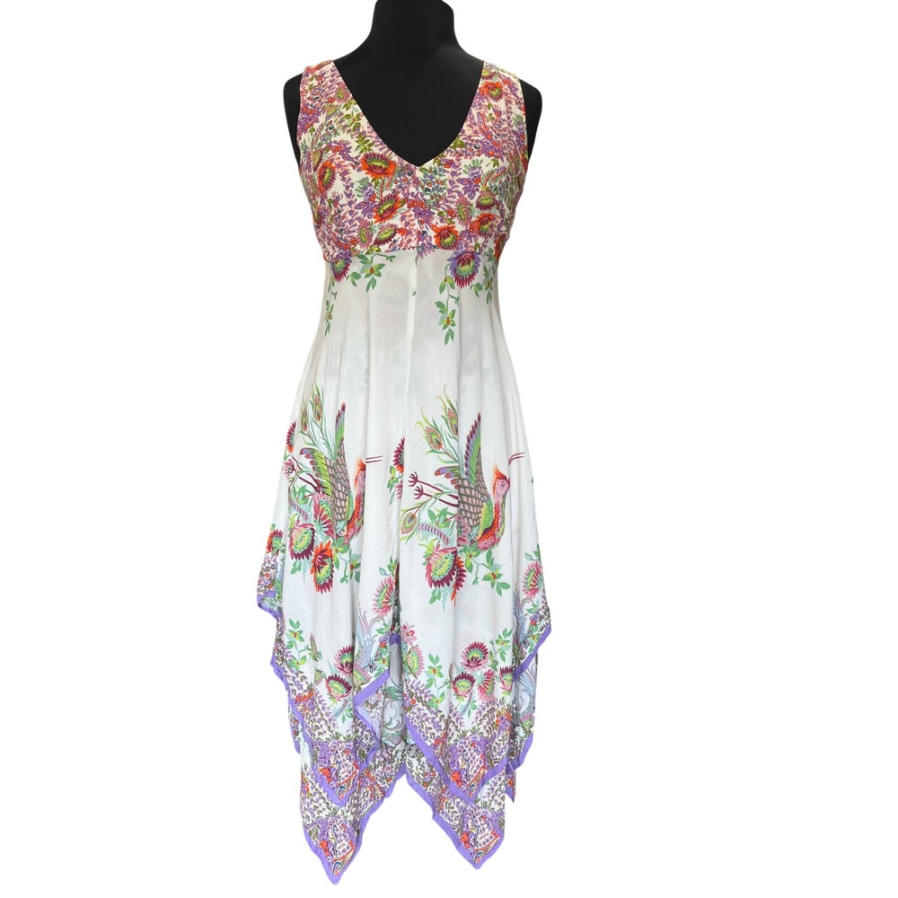 Anthropologie Bird Floral Handkerchief Hem Midi Dress White Purple Size 2